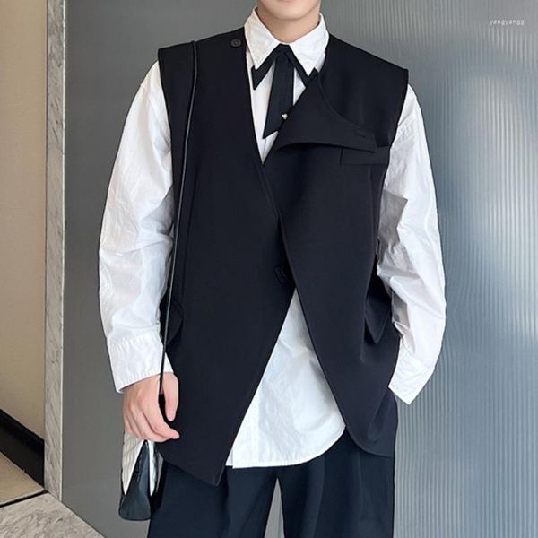 Erkek yelek moda erkek o boyun kolsuz düzensiz yelekler düz renkli sokak kıyafetleri Kore tarzı gündelik takım elbise