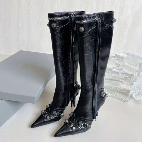 Schwarze kniehohe Stiefel, Designer-Frau, Cagole-Stiefel, Cowboy, spitze Zehen, Nieten, sexy Stiletto-Absätze aus echtem Leder, Winter, lange Martin-Booties, Mode