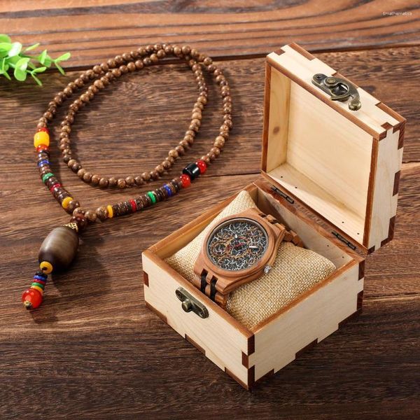 Armbanduhren Natürliche stilvolle Holz Halskette Männer Uhr Geschenk Set Casual Quarz Holz Armreif Armbanduhr Vintage Box Geburtstagsgeschenke für Männer