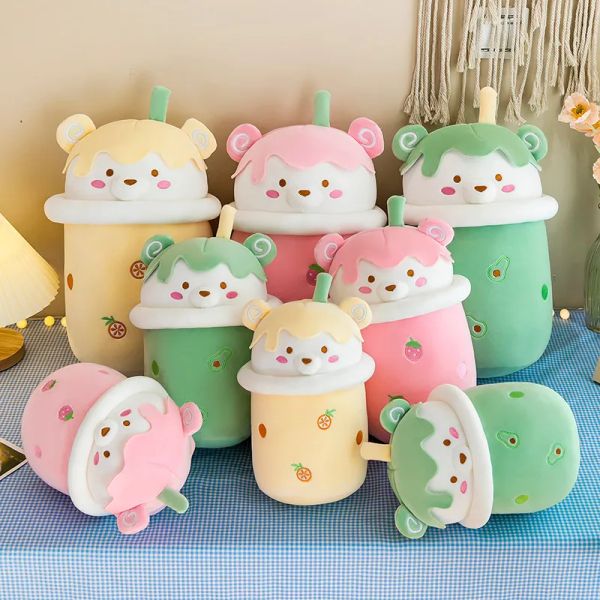 Simpatico cartone animato Tè al latte Orso Bubble Tea Cuscino a forma di tazza di peluche Cuscino morbido imbottito in vita reale Divertente cibo Boba