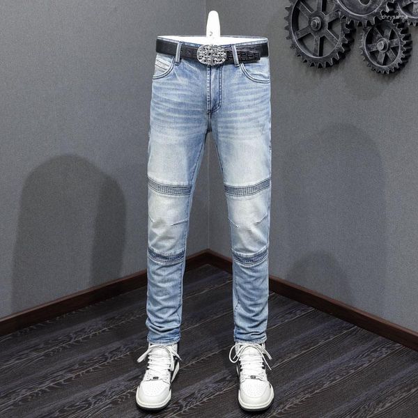 Jeans da uomo Street Fashion Uomo retrò azzurro elasticizzato slim fit con giunture biker rattoppato pantaloni denim hip-hop di design Hombre