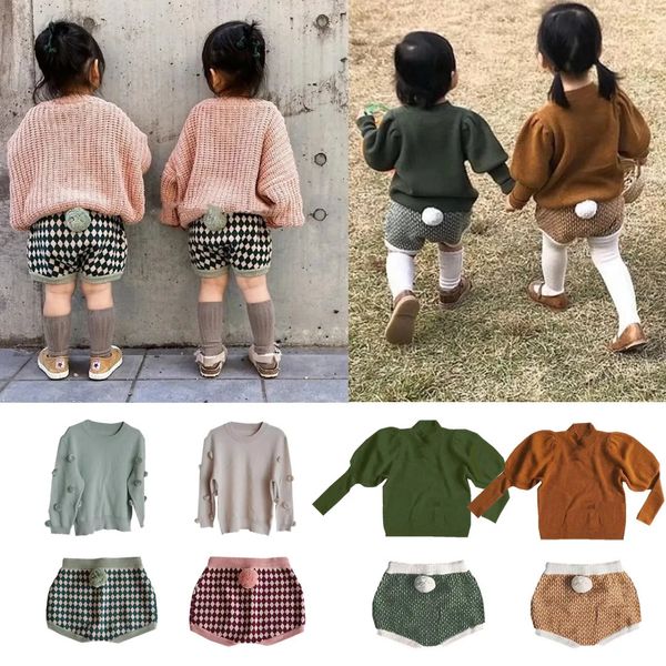 Dancewear Kinder Gestrickte Pullover Herbst Kleinkind Mädchen Mode Kleidung Baby Pelz Kurze und Kaninchen Schwanz Mädchen Set Casual Tops 230928