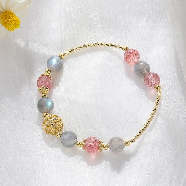 Strang Vergoldung Hohlkugel Natürliche Erdbeere Kristall Mondsteine Für Frauen Modeschmuck Geschenke YBR566