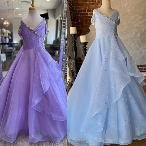 Светло-фиолетовое пышное платье для девочек 2024 года с кристаллами на бретельках из органзы для маленьких детей, официальное коктейльное платье на день рождения для малышей, подростков, крошечных молодых юниоров, мисс синий