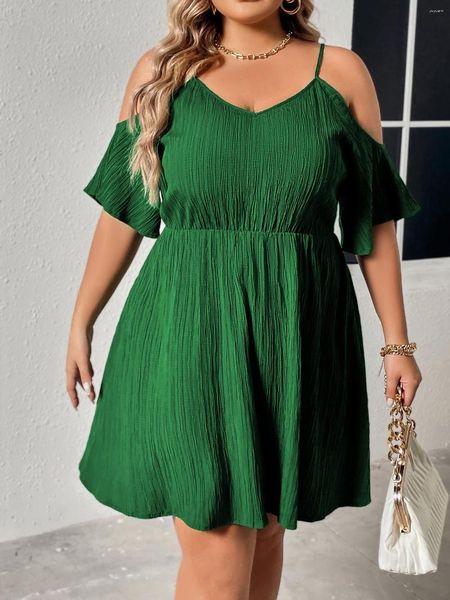 Plus Size Kleider Kalte Schulter Frauen Rüschen Kurzen Ärmeln V-ausschnitt Robe Solide Plissee Kleid Sommer Weibliche Urlaub Kleidung Kleid