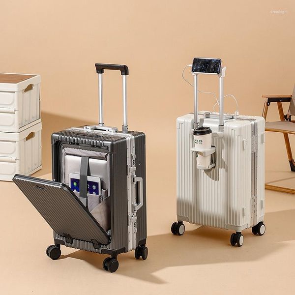 Bavullar Havayolu Onaylı Taşınan Bagaj On Spinner Tekerlekleri Alüminyum Çerçeveli Bavul Açık Bölme Cep Büyük check -in