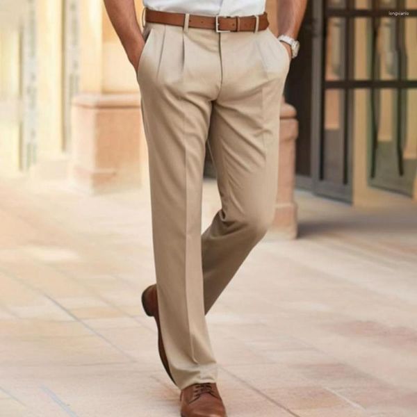 Erkek takım elbise konforlu ofis pantolonu premium slim fit takım elbise klasik düz renk orta katlı düz bacak pantolon iş için