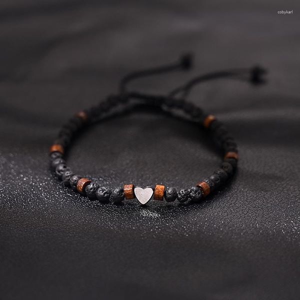 Bracciale in ematite con cuore in filo per uomo Bracciali regalo regolabili in pietra lavica in legno da 4 mm