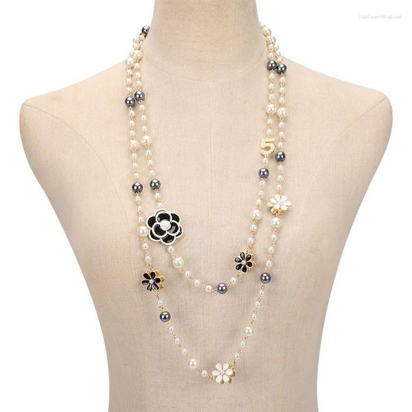 Anhänger Halsketten FEEHOW Kamelie Imitation Perle Pullover Kette Für Frauen Süße Romantische Weiße Lange Halskette Täglich Tragbarer Schmuck
