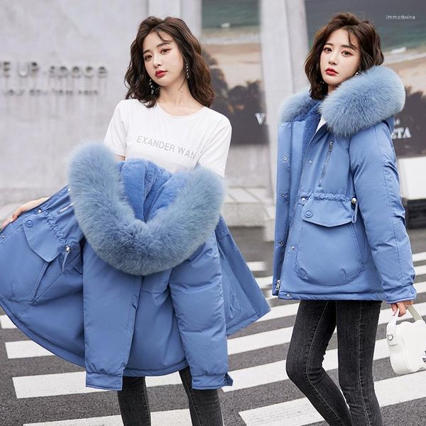 Damen-Trenchcoats WYWMY Winterjacke Frauen Parkas Kurzmantel Imitation Pelz Kapuze Schlanke Taille Warme Baumwolle Gepolsterte Kleidung