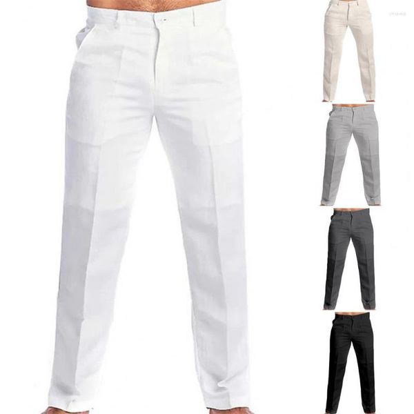 Calças masculinas 2023 suporte bolso casual linho sólido branco cinza perna reta lazer calças elegante moda sweatpants streetwear