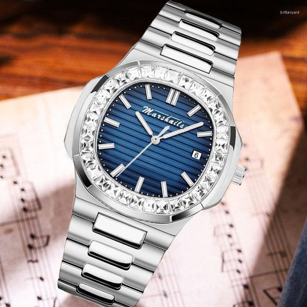 Relógios de pulso moda quadrado estudantes hip-hop relógio de quartzo luxo diamante calendário luminoso relógio de aço inoxidável relógio de pulso esportivo masculino
