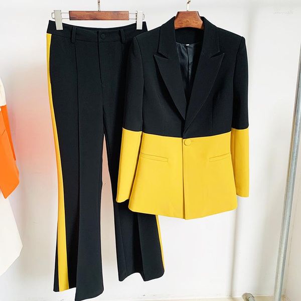 Frauen Zwei Stück Hosen 2023 Star Fashion Professionelle Anzug Eine Taste Farbe Blockieren Schlaghosen Zwei-stück Set