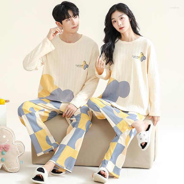 Homens sleepwear coreano algodão homewear mulheres e homens combinando pijama conjunto para primavera casal dos desenhos animados bonito pijama pareja masculino