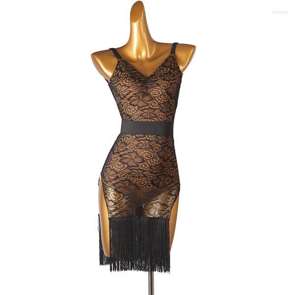 Bühnenkleidung Frauen Latin Dance Rock Schwarz Sexy Quaste Rumba Samba Spiel Kleid Erwachsene Ärmellose Wettbewerb Tanzen Kleider