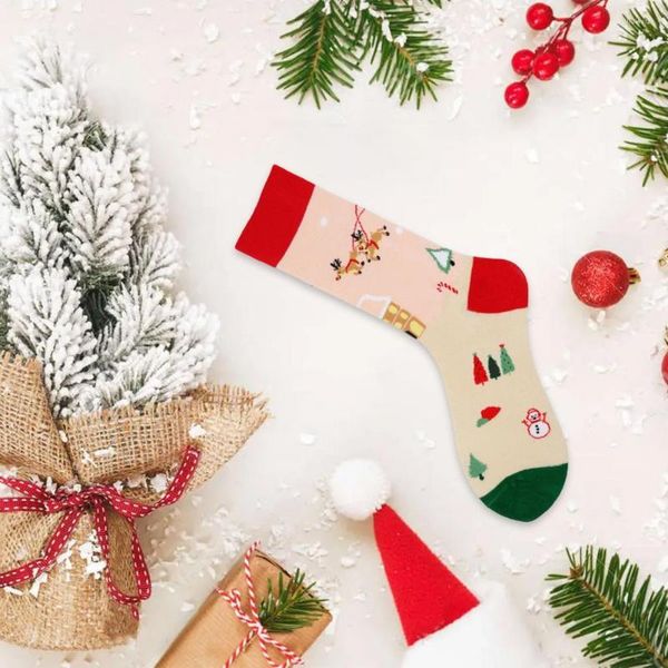 Женские носки с красочным рождественским принтом, мягкие теплые противоскользящие унисекс, подарки в средней трубке с узором Санта-Снеговика 2