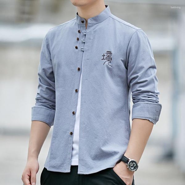 Мужские повседневные рубашки 2023, традиционные китайские мужские рубашки с воротником-стойкой, белая рубашка в стиле ретро, хлопковые топы, мужская однотонная одежда, туника, костюм Тан