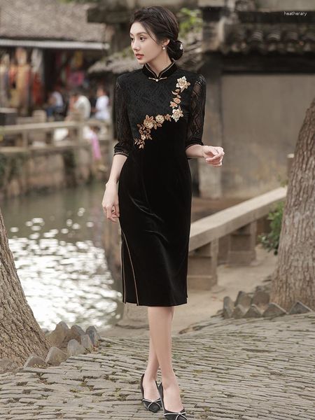 Roupas étnicas FZSLCYIYI Vintage Flor Bordado Veludo Mulheres Mid-Length Qipao Chinês Mandarim Collar Femme Cheongsam Vestido