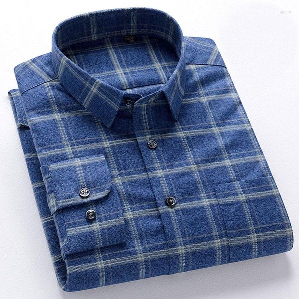 Camisas casuais masculinas de luxo de alta qualidade manga longa flanela xadrez algodão high-end regular ajuste outono moda listra camisa
