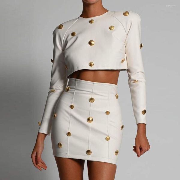 Röcke 2023 Sexy Club Leder Langarm Crop Top und Rock mit Gold Knopf Winter Mode Elegante Outfits Herbst Frauen Anzüge