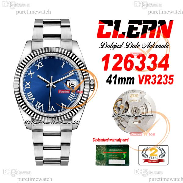 Clean Factory CF 126334 VR3235 Relógio Masculino Automático Moldura Canelada Data Azul Mostrador Romano 904L Pulseira de Aço Ostra Super Versão Puretimewatch Reloj Hombre 0025