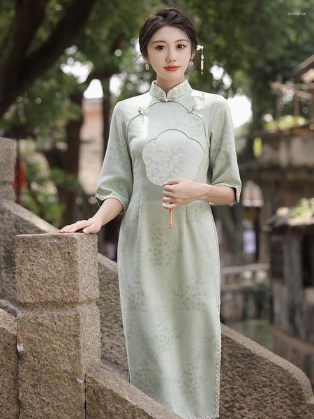 Ethnische Kleidung FZSLCYIYI Vintage Flare Sleeve Wildleder Mittellange Frauen Qipao Chinesischen Mandarin Kragen Femme Cheongsam Kleid