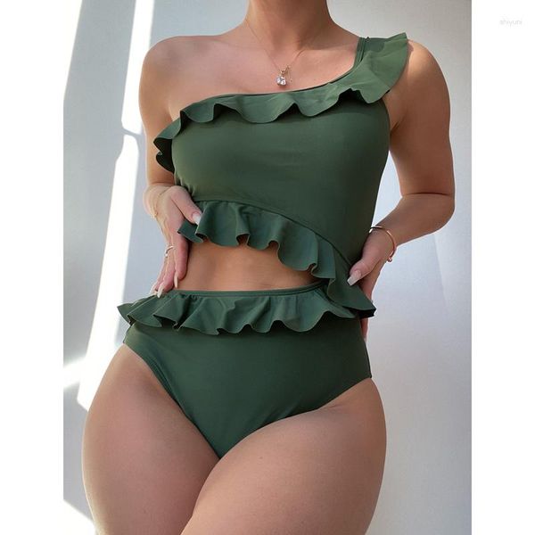 Mulheres Swimwear 2023 Moda Ruffle Mulheres Biquíni Sem Mangas Um Ombro Sólido Beach Wear Recorte Monokini Ternos de Natação Brasileiros