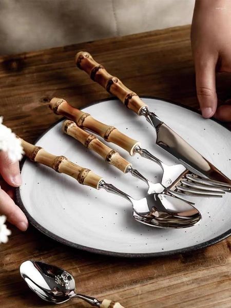 Geschirr-Sets Ins französisches Vintage-Geschirr, handgefertigt, Bambusknotengriff, westliches Messer, Gabel, Löffel, 304 Edelstahl, Haushaltsreis