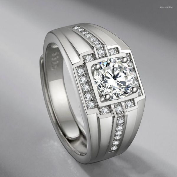 Anéis de casamento cor prata platinado zircão anel moissanite masculino boca ao vivo proposta de moda noivado presente do dia dos namorados