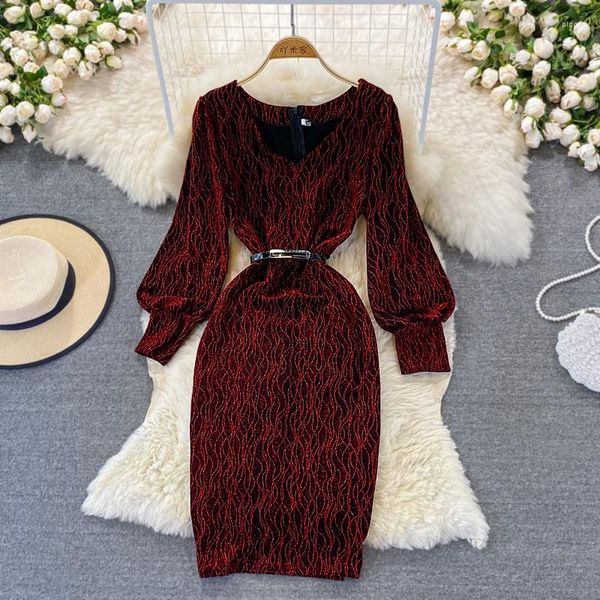 Vestidos casuais 2023 outono inverno moda feminina v-pescoço vestido de seda brilhante menina vinho vermelho quadril envoltório longo vintage