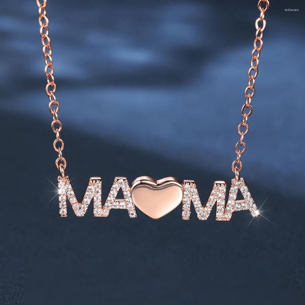 Colares Pingente Dia das Mães Carta de Aniversário Mama Clavícula para Mulheres Rosa Cor de Ouro Inlay Branco Zircão Amor Coração Mãe Colar