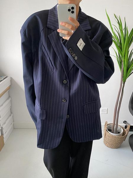 Damenanzüge SuperAen Koreanischer Stil Schultergepolsterter Blazer Marineblaue Streifeneinsätze Lose Anzug Damenmode Jackenmantel