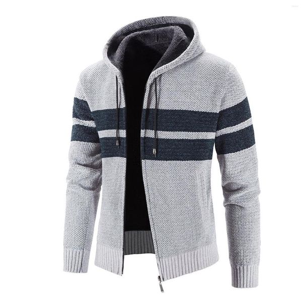 Hoodies masculinos tan hoodie inverno camisola jaqueta moda manga comprida veludo grosso com capuz listrado para homem botão casual