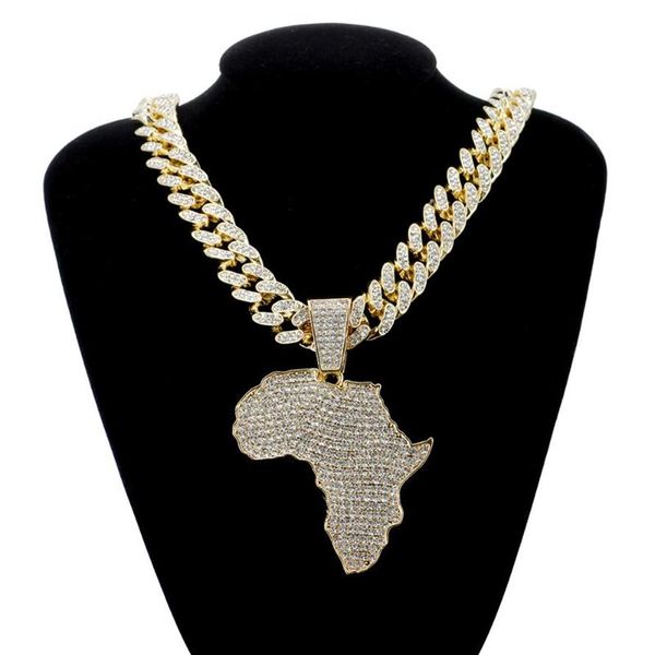 Collana con ciondolo mappa Africa in cristallo di moda per donna Accessori Hip Hop da uomo Collana con girocollo Collana a maglia cubana Gift272S