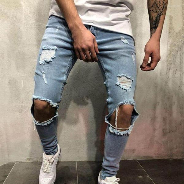 Calça jeans masculina fabulosa slim rasgada calça esfarrapada com zíper para o verão