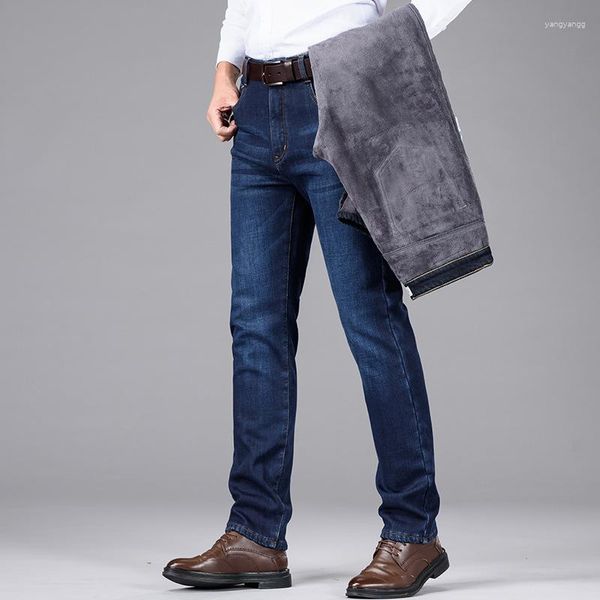 Herrenhose Großgröße Winter warmer dicker thermischer Samtjeans Jeanshose Gents lässig Plüsch Blau Stretch bequeme Männer