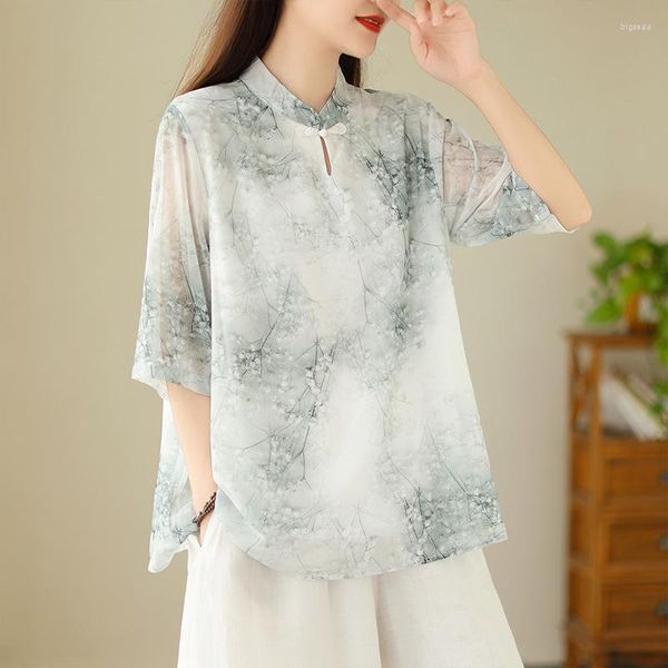 Frauen Blusen Gedruckt Chinesischen Stil Baumwolle Leinen Shirts Lose Kurzarm MODE Damen Kleidung Sommer Oansatz Tops