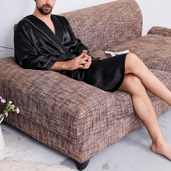 Homens sleepwear manga longa bolsos confortável camisola cinto roupão homens robe grande tamanho preto imitação de seda com cintura vestido de casa
