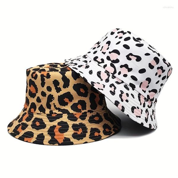 Berets Leopardenmuster Y2K Bucket Hat Trend Hip Hop Sun Casual Cartoon Fisherman Cap Reversible Couple Travel Beach Hats
