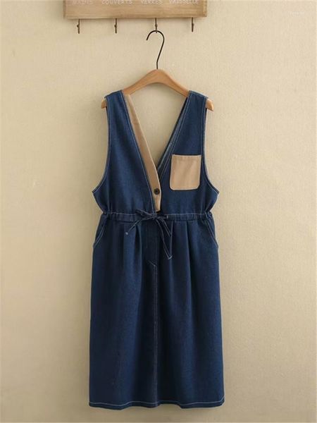 Abiti taglie forti Abbigliamento donna Primavera Autunno Abito senza maniche in denim Vita elastica Scollo a V Lunghezza al ginocchio Moda 3XL-5XL