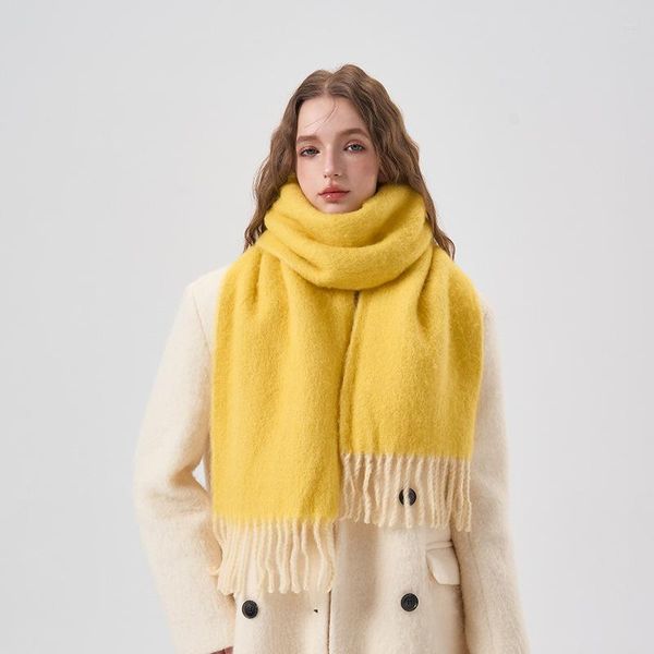 Шарфы 2023, осень/зима, 32% смешанная шерсть, молочно-желтый цвет с кисточками, узкий женский шарф, однотонный теплый мягкий шаль для пар