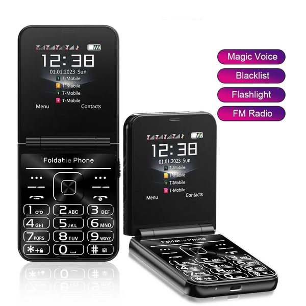 Nova senhora capa dobrável telefone móvel 4 cartão sim grande display fino luz mágica voz lista negra tocha baixo preço flip bolso telefone celular