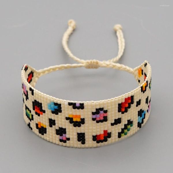 Bracciale con perline in filo di design con stampa leopardata Originalità Marea Lavorato a mano a maglia Boemia con geometria regolabile Perline di riso