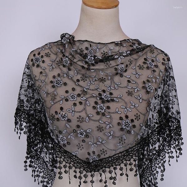 Шарфы 2023 Стиль, женский кружевной треугольный шарф с кисточками, прозрачный металлический бандажный платок с цветочным принтом, женский Bufanda Mujer