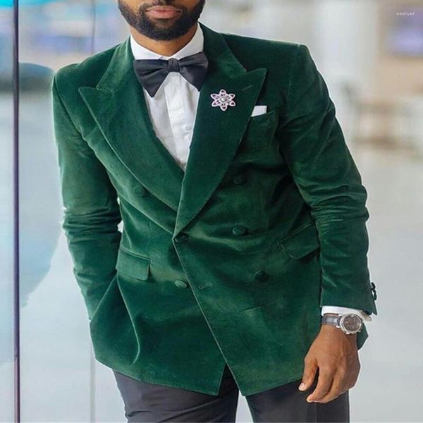 Ternos masculinos duplo breasted verde veludo pico lapela casual de alta qualidade duas peças jaqueta calças noivo hombres traje formal
