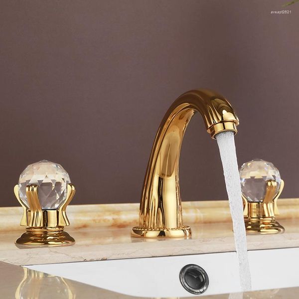 Banyo Lavabo muslukları lüks altın kristal ve katı pirinç üç delik yaygın musluk soğuk su vanity havzası karıştırıcı musluk