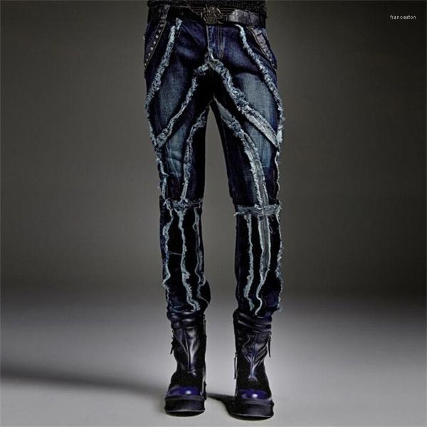 Calças masculinas personalidade mendigos jeans homme motociclista homens magros de alta qualidade remendo buraco denim masculino masculino reto azul