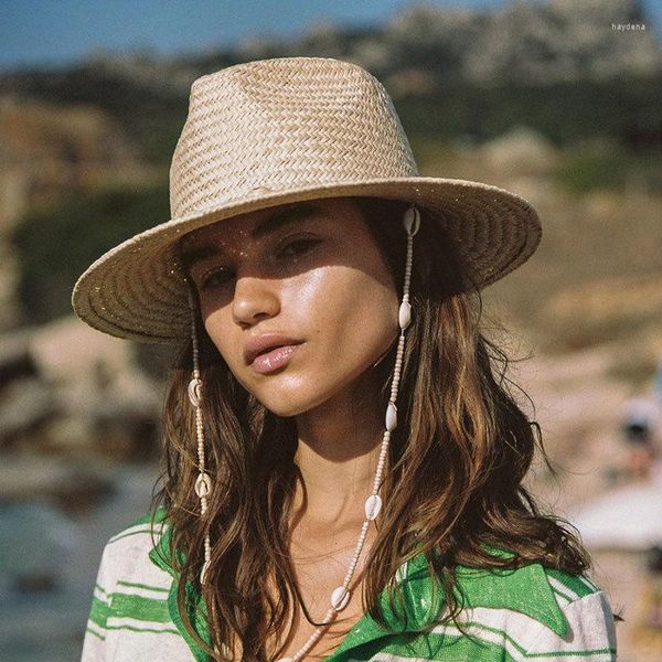 Breite Krempe Hüte VRIGINER Vintage Muscheln Perlen Strand Panama mit Kette für Frauen Männer Mode Stroh gewebt Fedora Sommer Urlaub Sonnenhut