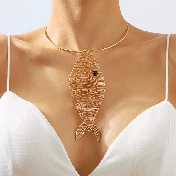 Цепи модный воротник в форме рыбы преувеличенный кулон ожерелье винтажное металлическое отверстие регулируемая цепочка на ключицу женские ожерелья подарок