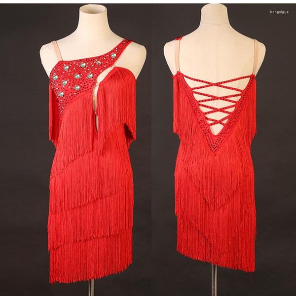 Palco desgaste vermelho franja latina competição vestido strass cristal dança mulher salsa gatsby S-XXXL 346